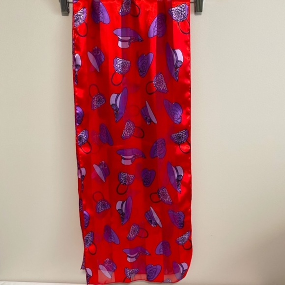 "Red Hat Society" Chic Vibrant Red Scarf with Purple Hat Design 13" by 60" - Picture 3 of 4